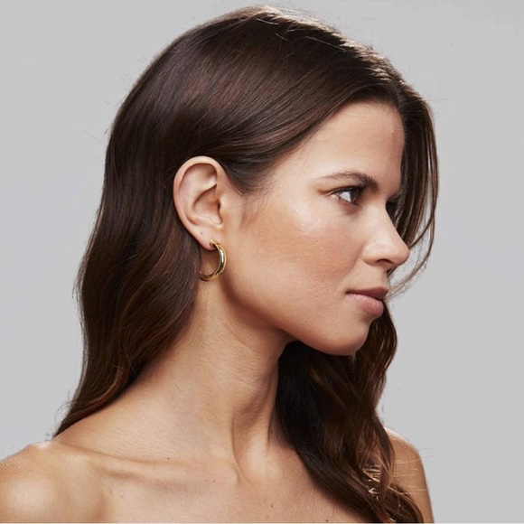 14K Gold Plated Lightweight Chunky Open Hoops | Trendy Gold Hoop Earrings - Picture 2 of 5